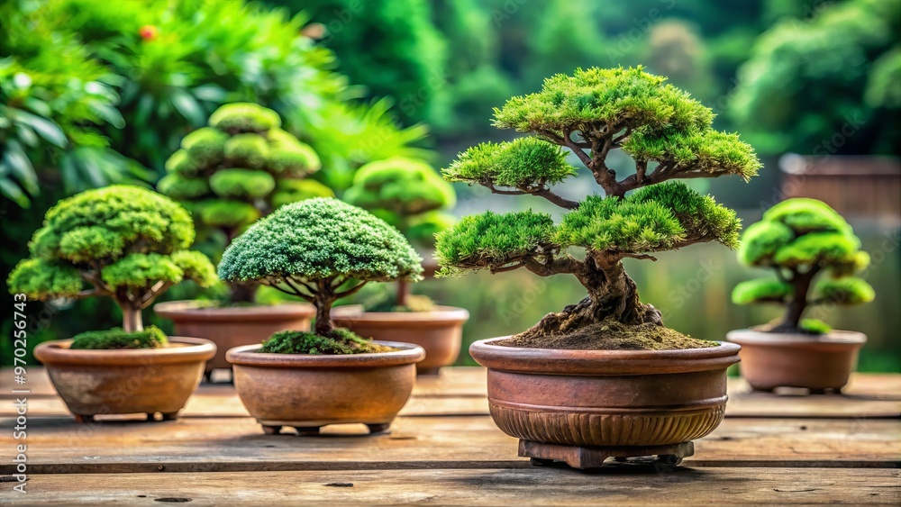 Fototapeta premium Miniature Japanese bonsai trees nestled in earthenware pots evoke harmony and balance, symbolizing nature's serene