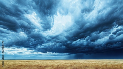 A stormy sky with dark clouds and a field of yellow grass