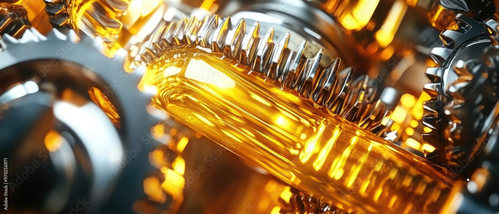 A close up of a gear with an oil liquid on it. The gears are all different sizes and are all connected A close up of a gear with an oil liquid on it. The gears are all different sizes and are all connected