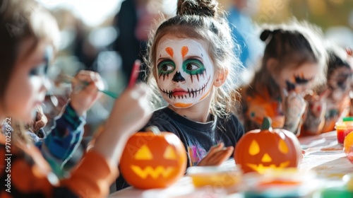 Halloween face painting where kids draw faces of zombies, witches and pumpkins surrounded by brightly colored paint and brushes. photo