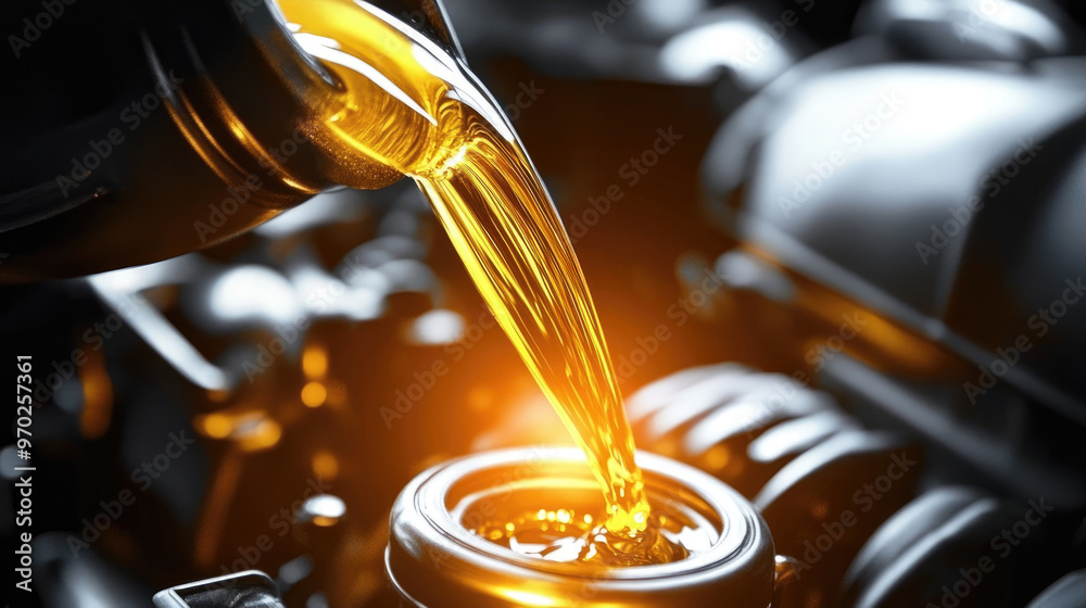 A car engine is being filled with oil A car engine is being filled with oil