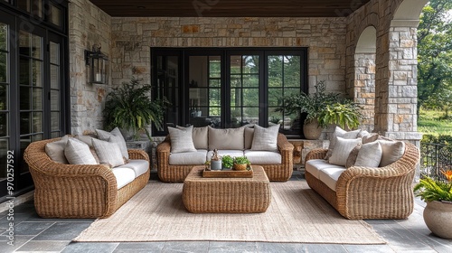 Cozy outdoor seating area with wicker furniture and plants.