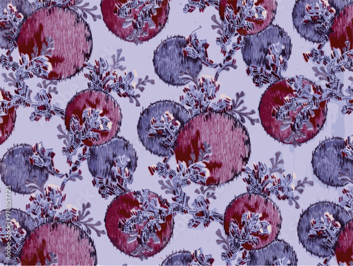 Fabric swatch with a pattern of purple and maroon circles interconnected by blue and silver floral motifs.