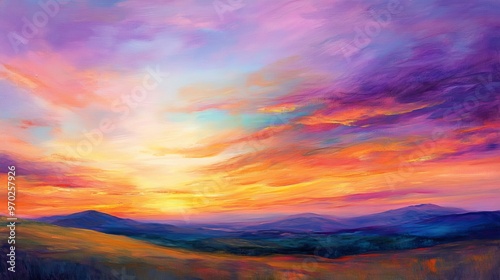 Vibrant sunset over a rolling landscape, colorful