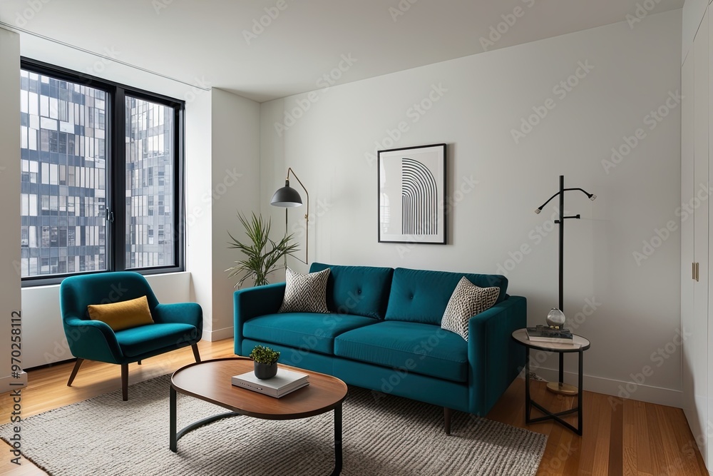 Fototapeta premium Deep Teal Sofa and Accent Chair in Minimalist Studio Apartment Design