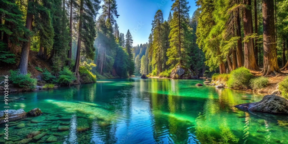 Silky waters whisper secrets beneath a canopy of lush greenery and towering redwood trees, creating a tranquil haven Silky waters whisper secrets beneath a canopy of lush greenery and towering redwood trees, creating a tranquil haven