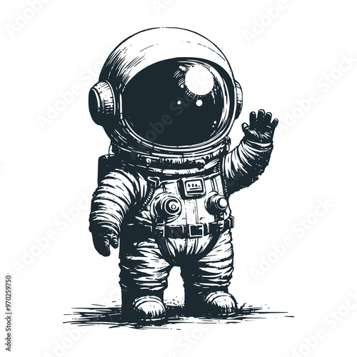 Cute astronaut wave hand. Black white vector. Icon and logo illustration.
