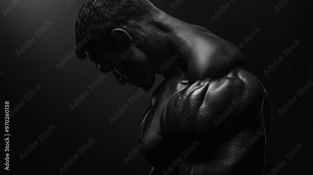 Fototapeta premium A striking black and white portrait of a muscular man showcasing strength and dedication in a dramatic light.