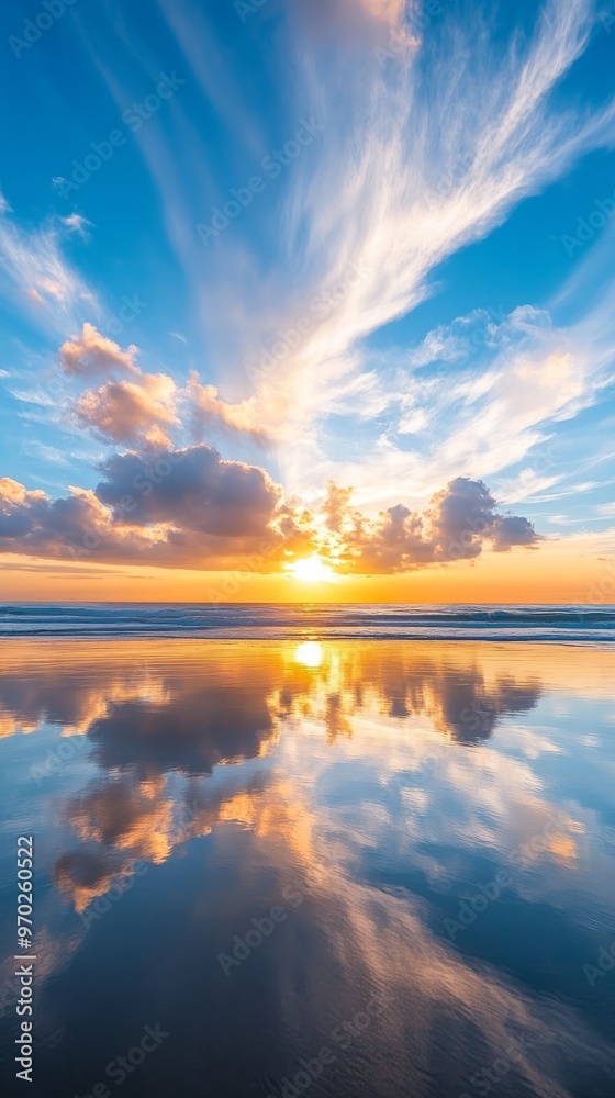 Obraz premium Sunset over ocean with dramatic clouds reflecting on water, tranquil seascape. Nature and serenity concept