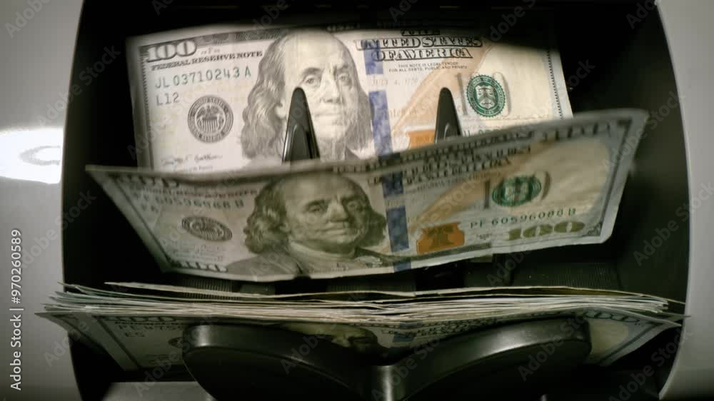 Money counting machine. Currency counting machine counting in slow motion.