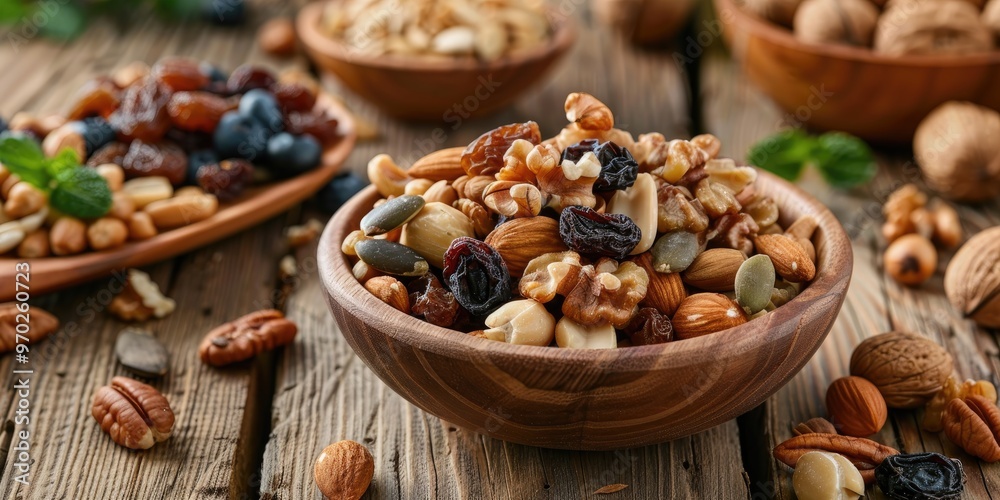 Nut and fruit dessert on a wooden table Nut and fruit dessert on a wooden table
