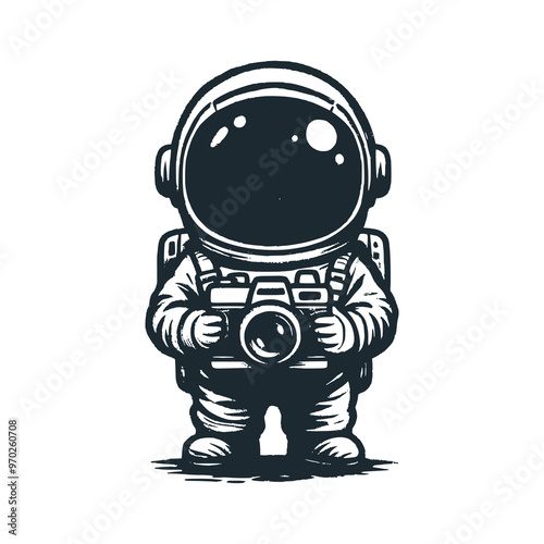 Cute astronaut hold a camera . Black white vector. Icon and logo illustration.