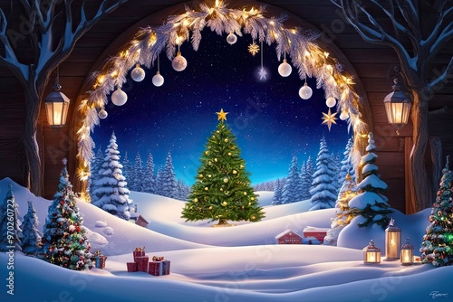 Wallpaper Mural Whimsical Winter Landscape with a Christmas Tree Under a Starry Night Sky Torontodigital.ca