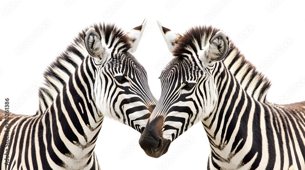Fototapeta premium Affectionate zebras nuzzling against each other, their bold stripes creating contrast on a simple white background.