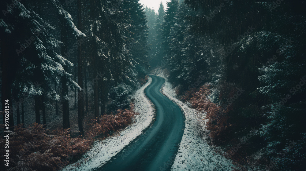 Obraz premium A long, straight road cuts through a vast forest, where snow-covered trees stretch endlessly, forming a tranquil winter scene from above.