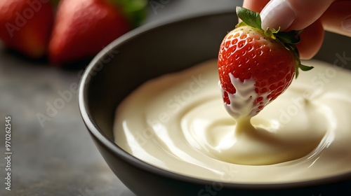 A close-up of a hand dipping a piece of strawberry into a bowl of melted white chocolate