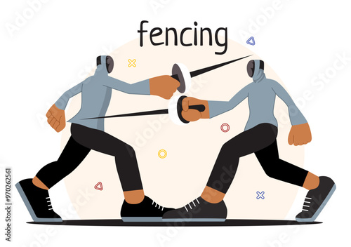 Fencing Player Sport Vector Illustration featuring a Fencer Competing on the Piste in a Sword Duel Competition Event with a Flat Cartoon Background