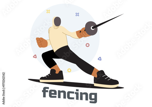 Fencing Player Sport Vector Illustration featuring a Fencer Competing on the Piste in a Sword Duel Competition Event with a Flat Cartoon Background