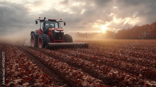 Tractor working the field at sunset