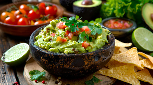 Dip served with Tortilla Chips, Guacamole that is vibrant and fresh with tortilla chips, Kitchen Photography, Healthy Snack, Flavorful Dip