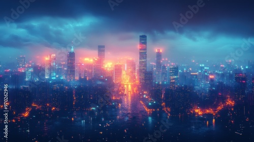 Nighttime Cityscape with Fog and Neon Lights