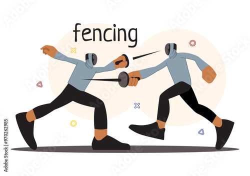 Fencing Player Sport Vector Illustration featuring a Fencer Competing on the Piste in a Sword Duel Competition Event with a Flat Cartoon Background