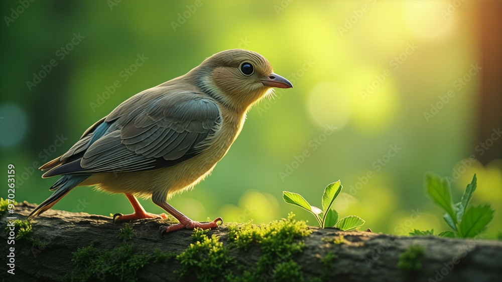 Obraz premium A small bird is perched on a branch in a lush green forest