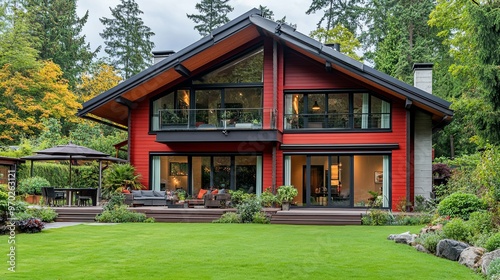 Red Modern House with Large Windows and a Patio