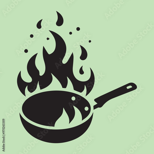 hot frying pan, Cooking poster with cooking pan, fire flame, frying pan black silhouette simple vector,