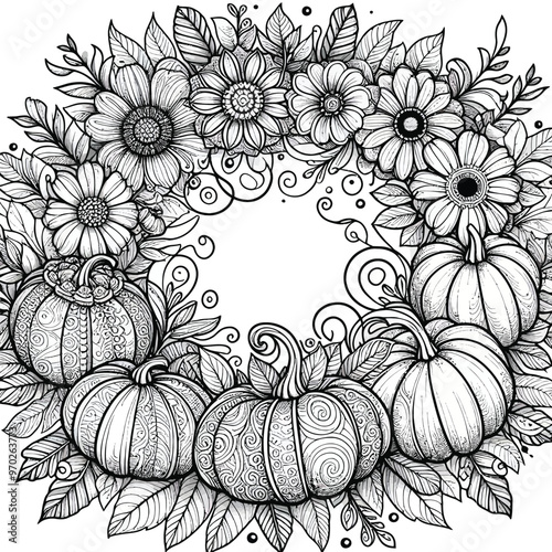 wreath made of pumpkins and swirling flowers coloring page