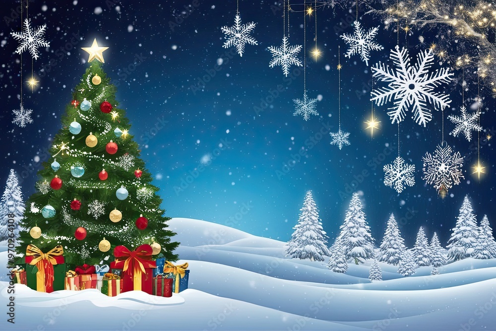 Enchanting Winter Scene with Decorated Christmas Tree Snowflakes and Starry Sky Enchanting Winter Scene with Decorated Christmas Tree Snowflakes and Starry Sky