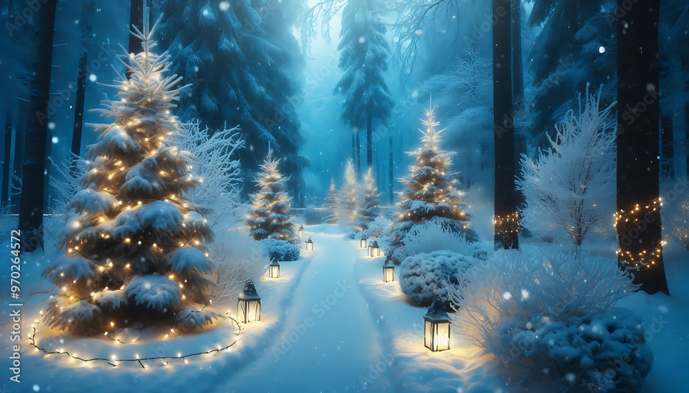Fototapeta premium A winter scene featuring a snow covered path winding through a forest adorned with frosted evergreens