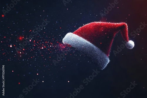 Santa's hat made of sparkling particles floating on dark background with copy space for design and decoration