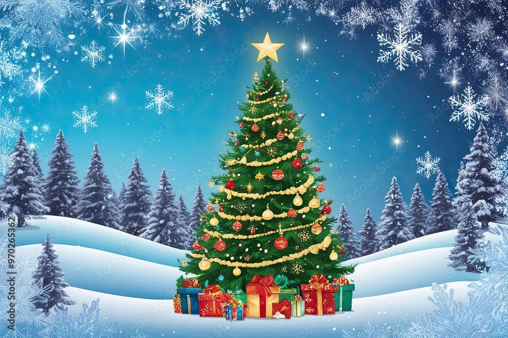 Obraz premium Enchanted Winter Scene Featuring a Decorated Christmas Tree Surrounded by Snowflakes and Starlight