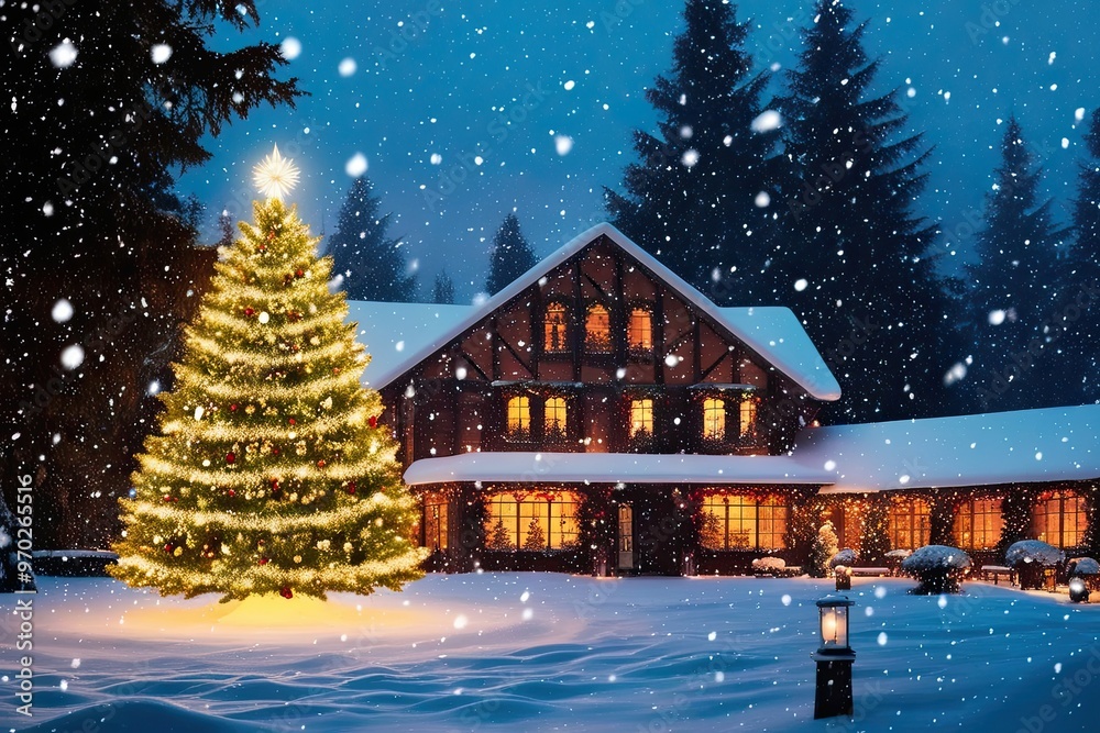 Fototapeta premium Enchanting Christmas Night in a Winter Wonderland Featuring a Illuminated Christmas Tree and Gentle Snowfall