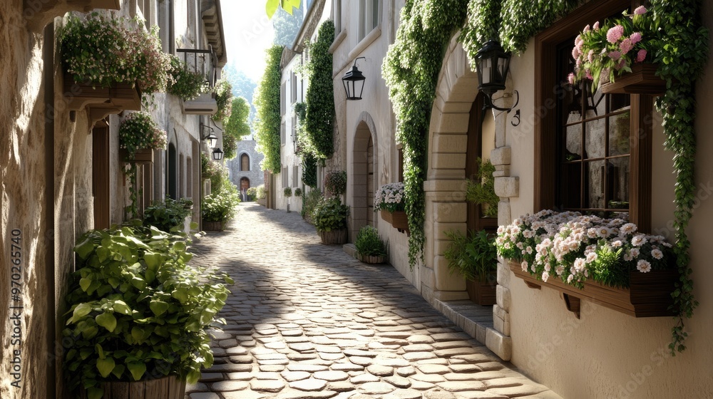 cobblestone alleyway in a medieval European town, with old stone buildings, lanterns, and flower boxes in the windows cobblestone alleyway in a medieval European town, with old stone buildings, lanterns, and flower boxes in the windows