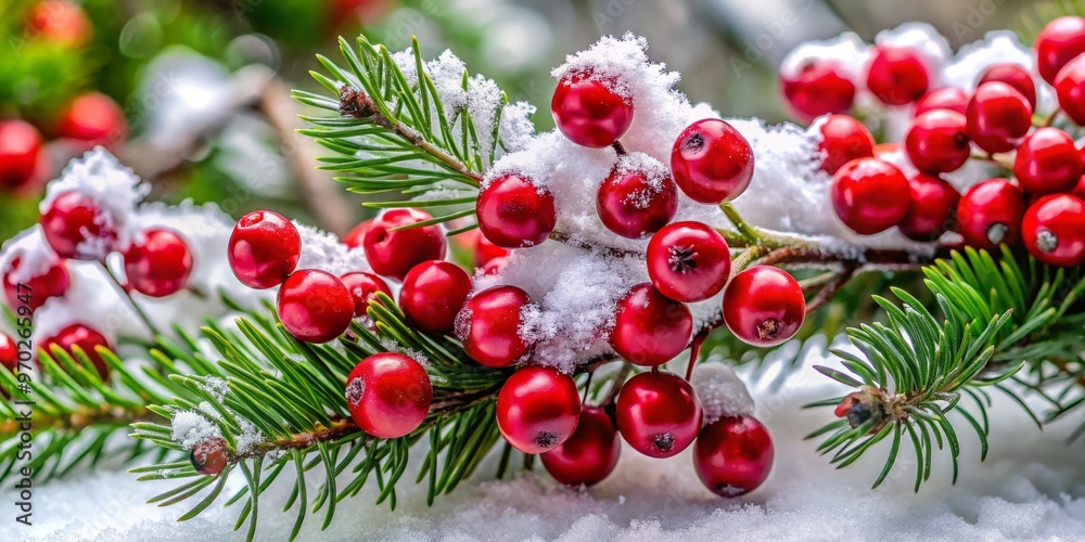 Vibrant scarlet berries burst forth from a snow-dusted pine branch, radiating festive energy and spreading holiday Vibrant scarlet berries burst forth from a snow-dusted pine branch, radiating festive energy and spreading holiday