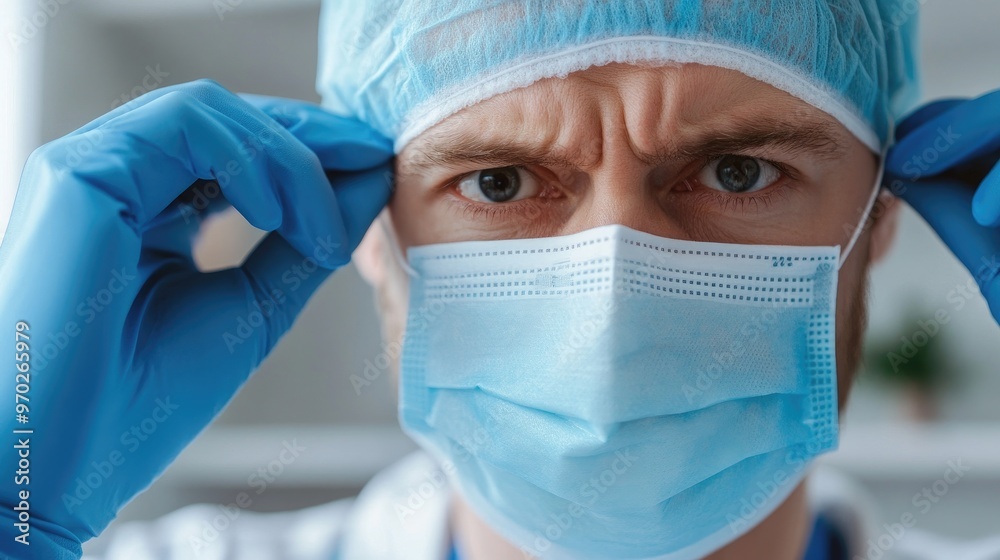 doctor in scrubs putting on a mask doctor in scrubs putting on a mask