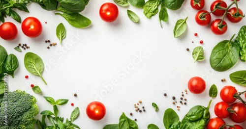 Fresh vegetables and spices arranged in a frame around a white background.