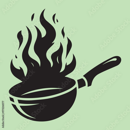 hot frying pan, Cooking poster with cooking pan, fire flame, frying pan black silhouette simple vector,