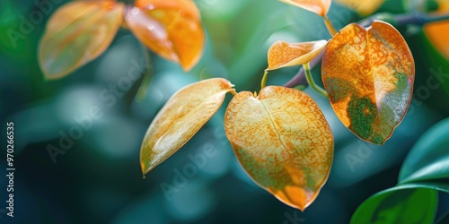 Selective focus on yellowing Phalaenopsis orchid leaves caused by root rot