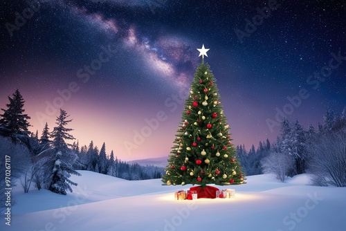 Enchanting Winter Wonderland Featuring Christmas Tree Beneath Starry Night Sky