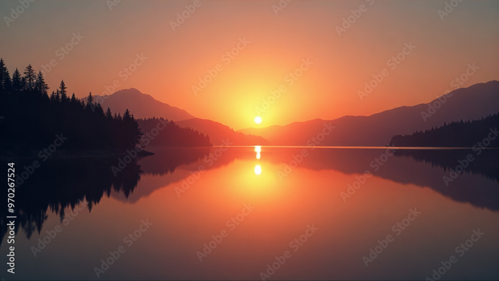 Fototapeta premium A beautiful sunset over a lake with mountains in the background