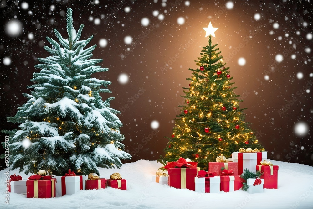 Enchanting Winter Holiday Scene Featuring Snowy Landscape Christmas Tree and Sparkling Lights Enchanting Winter Holiday Scene Featuring Snowy Landscape Christmas Tree and Sparkling Lights