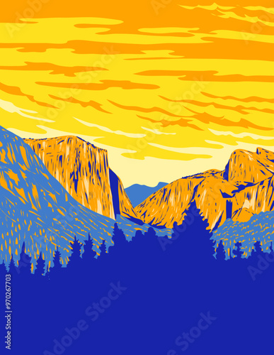 WPA poster art of the Wawona Tunnel View of Yosemite Valley, El Capitan, Bridalveil Fall in Yosemite National Park, California USA done in works project administration or federal art project style.
