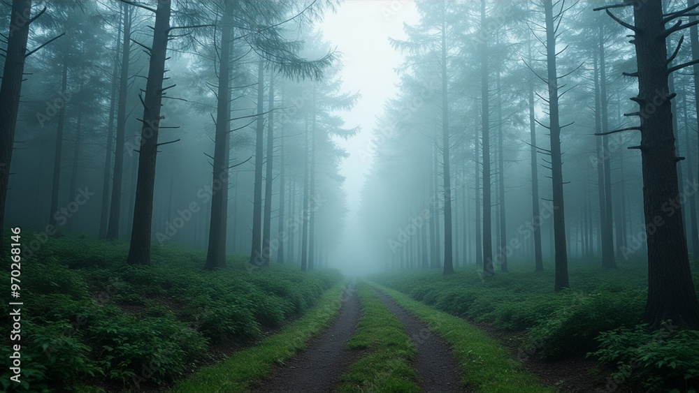 A forest path is shown in the rain with foggy trees A forest path is shown in the rain with foggy trees