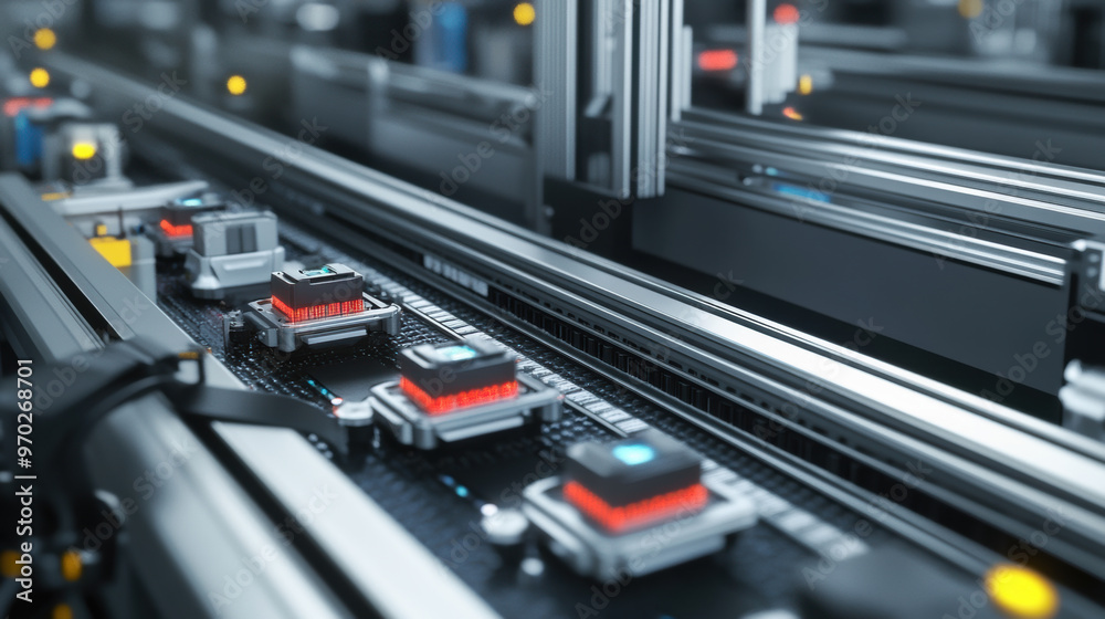 Automated assembly line with robotic arms and conveyor belts, showcasing precision in manufacturing. scene highlights advanced technology and efficiency in production processes
