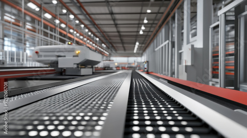 A modern industrial warehouse featuring conveyor belt system, showcasing advanced technology and efficient logistics. spacious interior highlights organized workflow and machinery