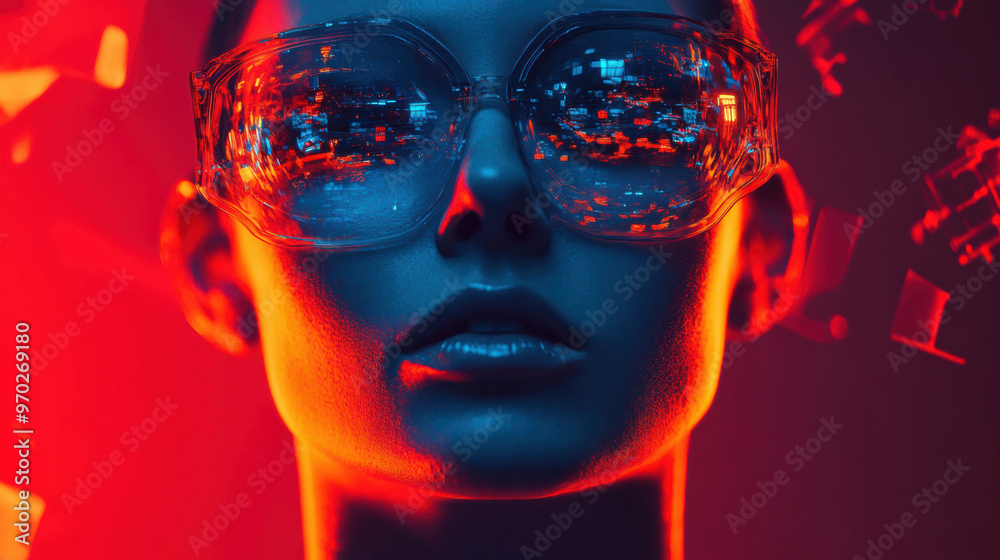 A striking portrait featuring person wearing oversized, reflective sunglasses against vibrant red and blue background. image conveys sense of futuristic style and intrigue A striking portrait featuring person wearing oversized, reflective sunglasses against vibrant red and blue background. image conveys sense of futuristic style and intrigue