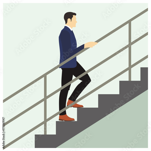 Man walk on the stairs hold the handrail for safety rule application. Vector illustration.